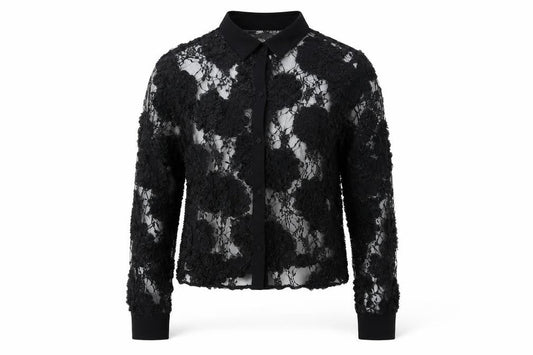 Zara Women Black S Cropped Floral Lace Sheer Button-Up Shirt