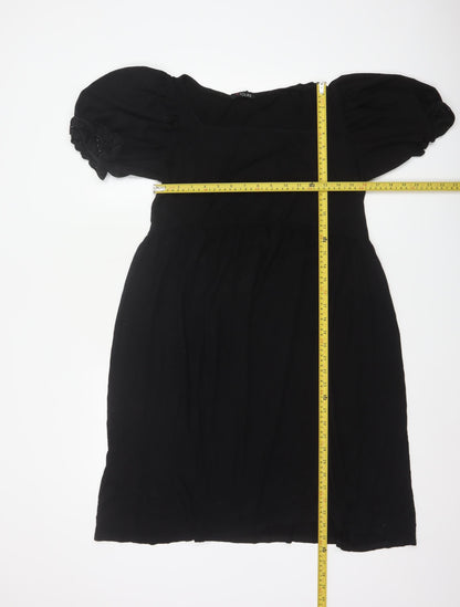 Yours Women Black UK 14 Fit & Flare Knee Dress Puff Sleeve