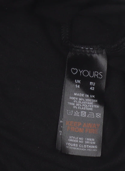 Yours Women Black UK 14 Fit & Flare Knee Dress Puff Sleeve