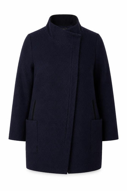 Front view of Dorothy Perkins Women’s Navy Blue Textured Overcoat UK 16 Lined