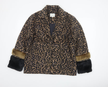 Second Female Women Brown Leopard Print Wool Blend Fur Trim Jacket M