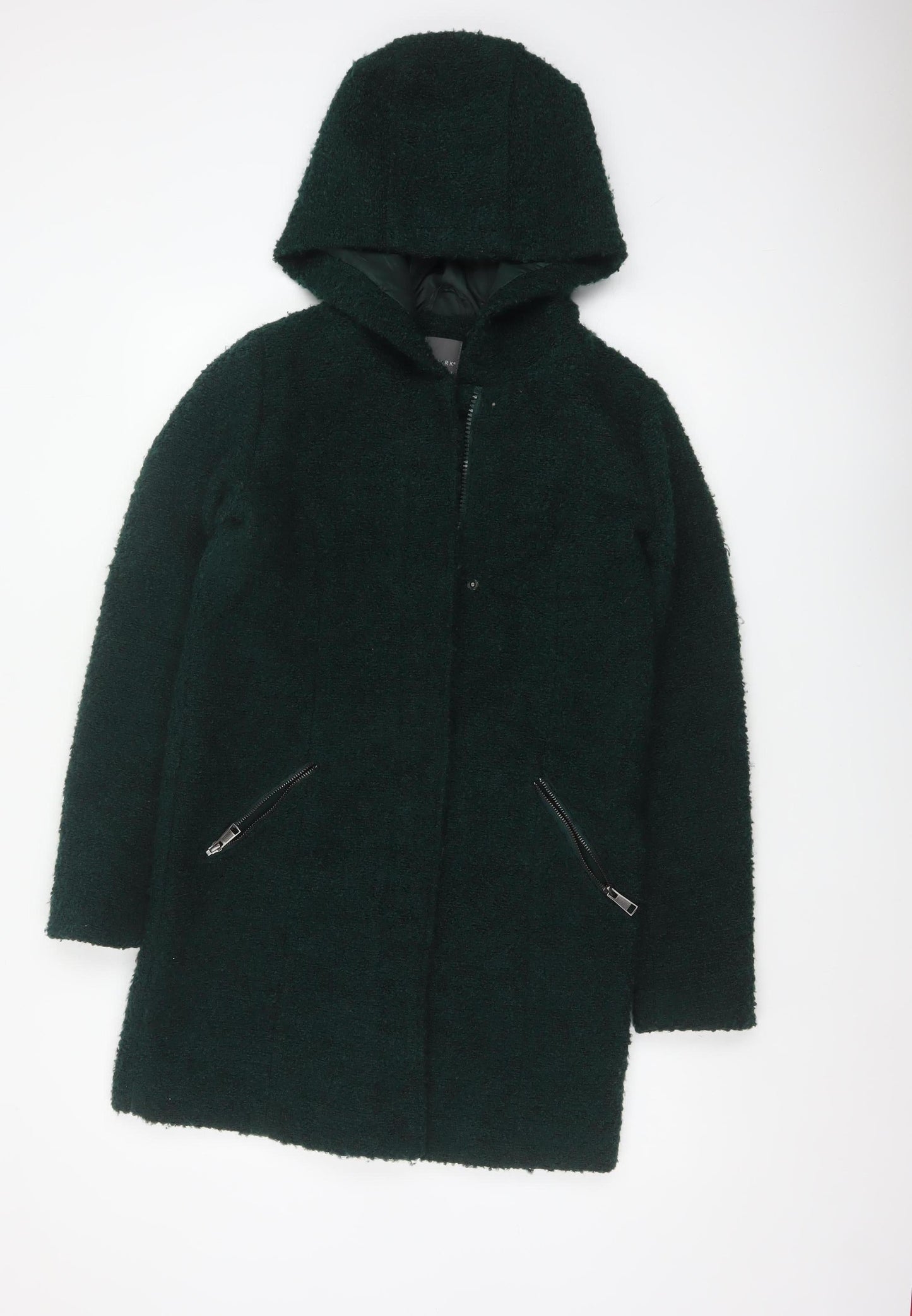 Primark Women Green Hooded Bouclé Zip Coat UK 8 Mid-Length