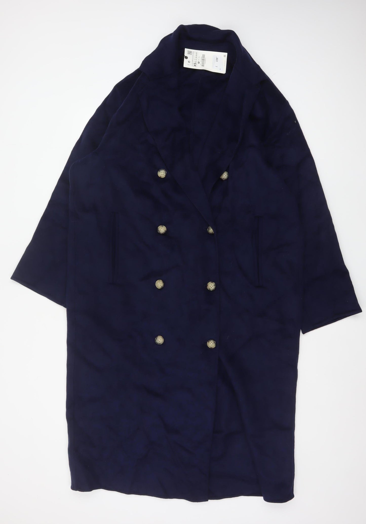 Zara Women Blue XS Long Wool Blend Double-Breasted Overcoat