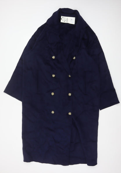 Zara Women Blue XS Long Wool Blend Double-Breasted Overcoat
