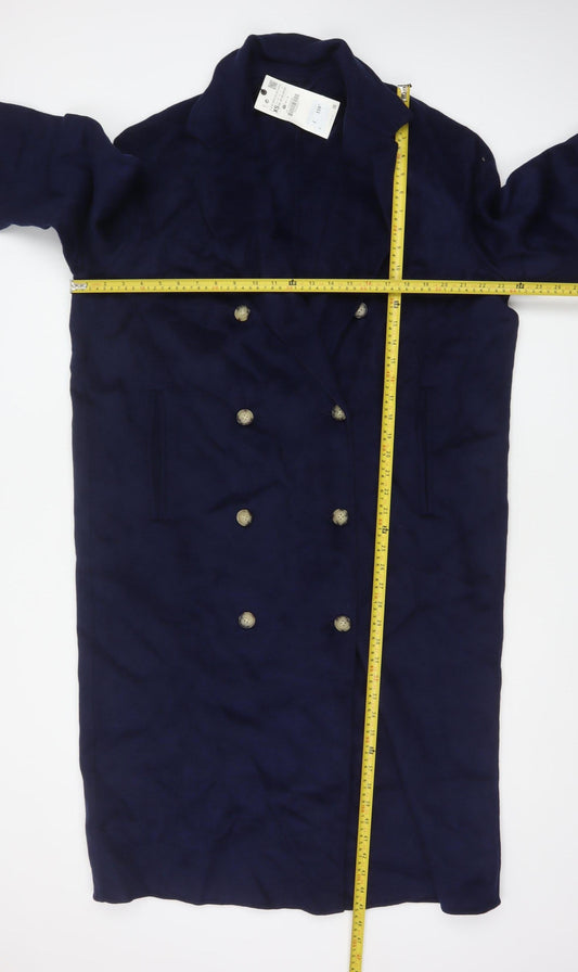 Zara Women Blue XS Long Wool Blend Double-Breasted Overcoat