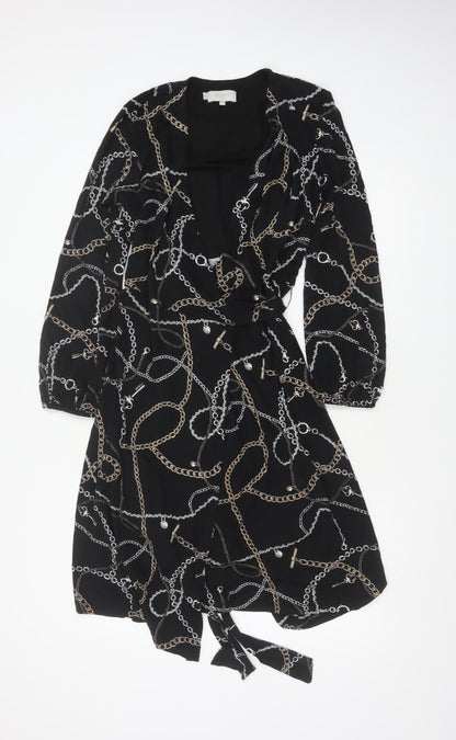 Hobbs Women Black Chain Print Wrap Midi Dress UK 12 Long Sleeve Belted