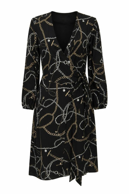 Hobbs Women Black Chain Print Wrap Midi Dress UK 12 Long Sleeve Belted