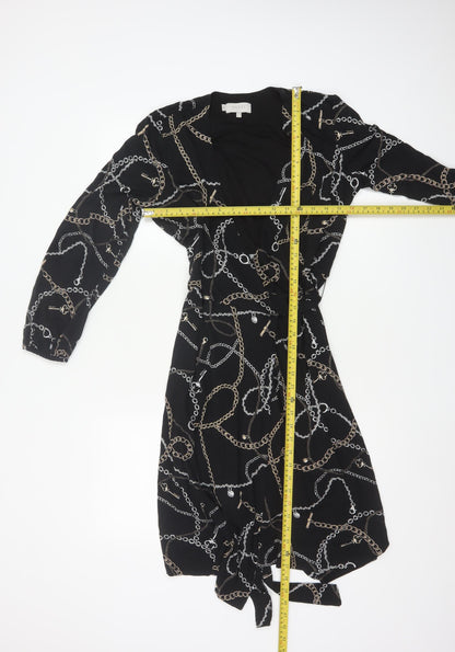 Hobbs Women Black Chain Print Wrap Midi Dress UK 12 Long Sleeve Belted