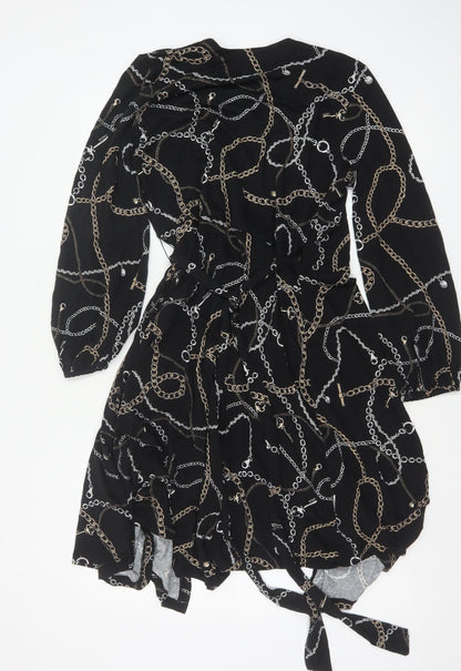 Hobbs Women Black Chain Print Wrap Midi Dress UK 12 Long Sleeve Belted