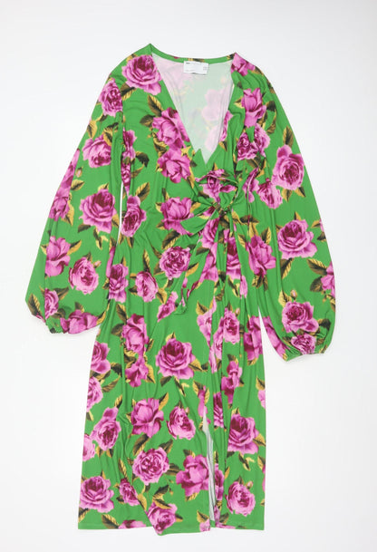 ASOS DESIGN Women Green Floral Wrap Maxi Dress UK 14 V-Neck Balloon Sleeve