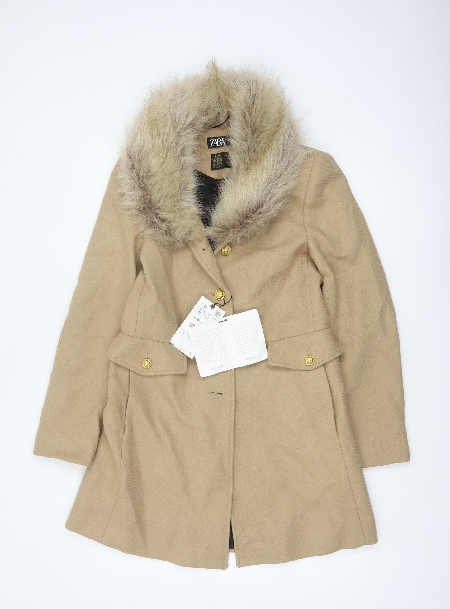 Zara Women Beige S Wool Herringbone Overcoat Fur Trim Long Coat