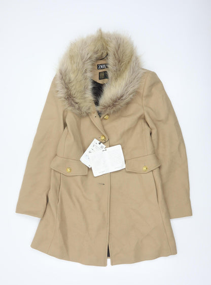 Zara Women Beige S Wool Herringbone Overcoat Fur Trim Long Coat