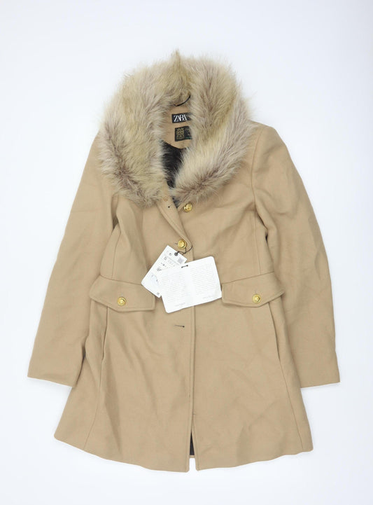 Zara Women Beige S Wool Herringbone Overcoat Fur Trim Long Coat