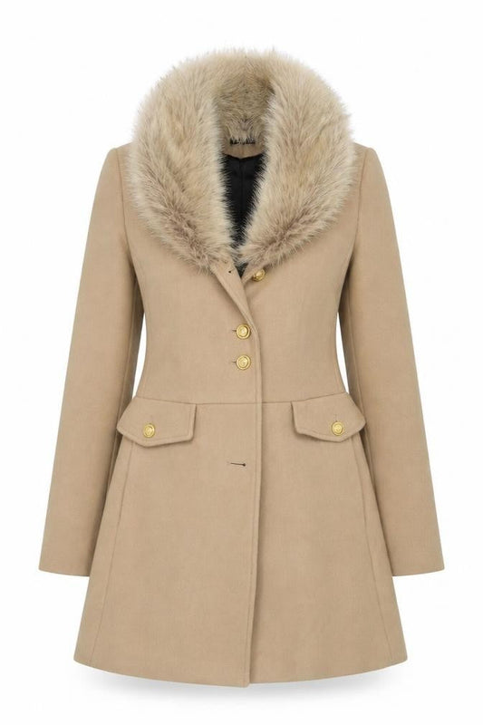 Zara Women Beige S Wool Herringbone Overcoat Fur Trim Long Coat