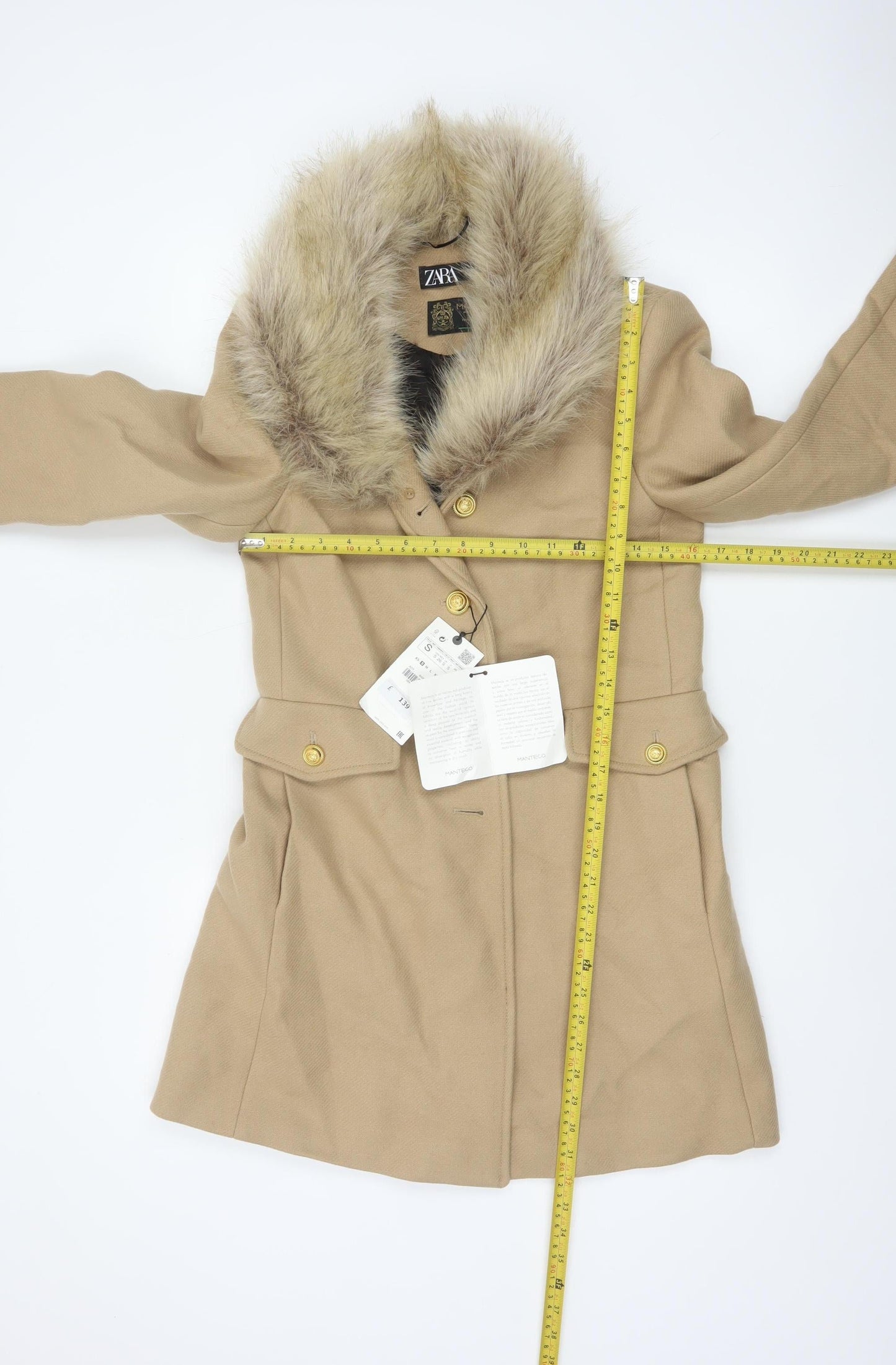 Zara Women Beige S Wool Herringbone Overcoat Fur Trim Long Coat