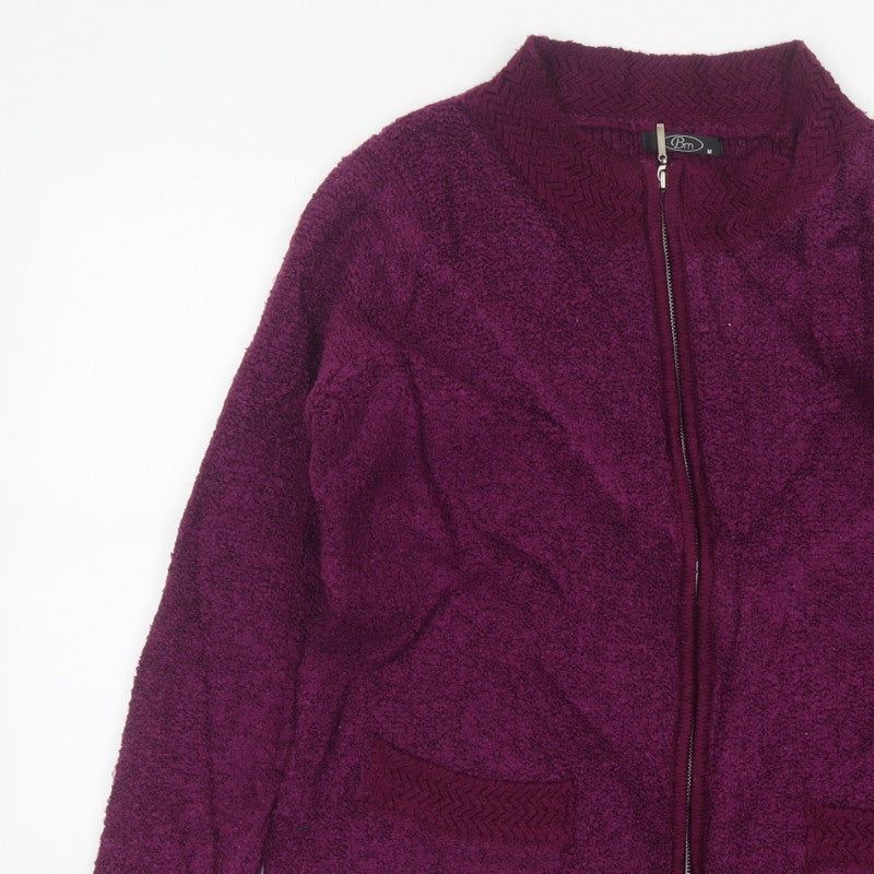 BM Women’s Purple M Full Zip Knit Cardigan High Neck Pockets