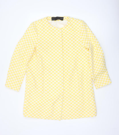 Zara Basic Women Yellow Check Collarless Mid-Length Jacket Size L
