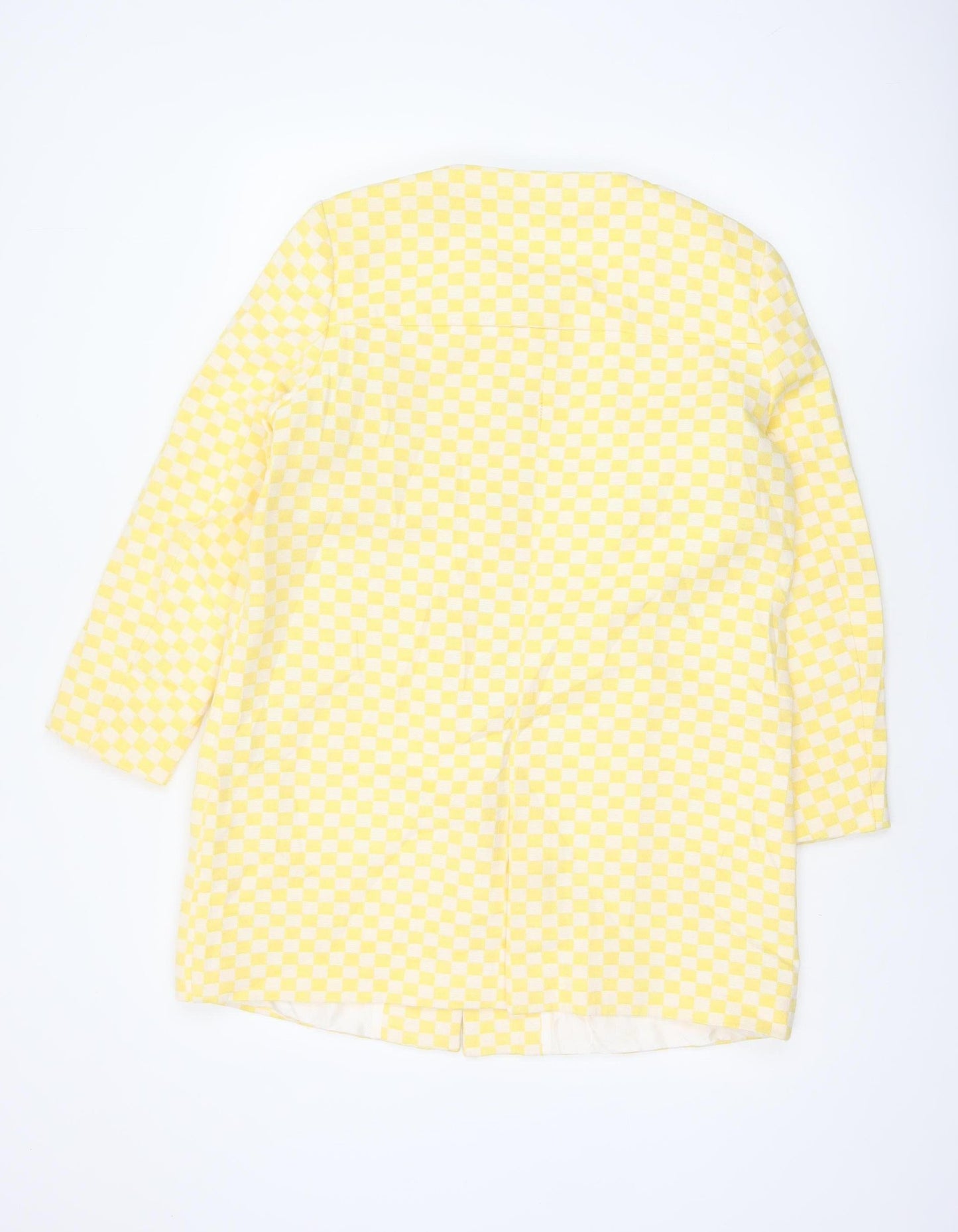 Zara Basic Women Yellow Check Collarless Mid-Length Jacket Size L