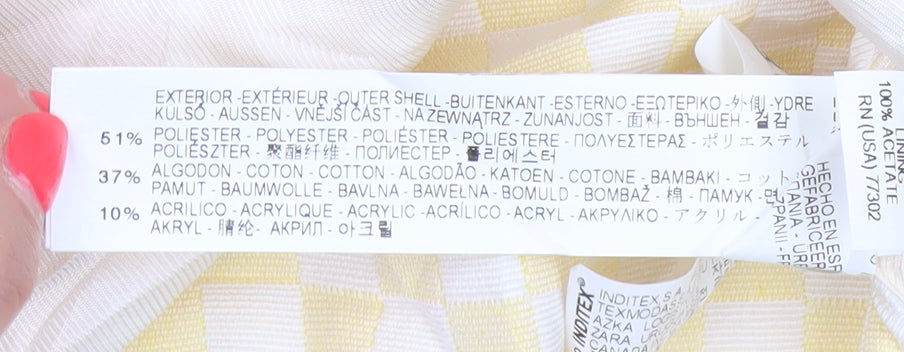 Zara Basic Women Yellow Check Collarless Mid-Length Jacket Size L