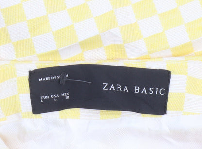 Zara Basic Women Yellow Check Collarless Mid-Length Jacket Size L