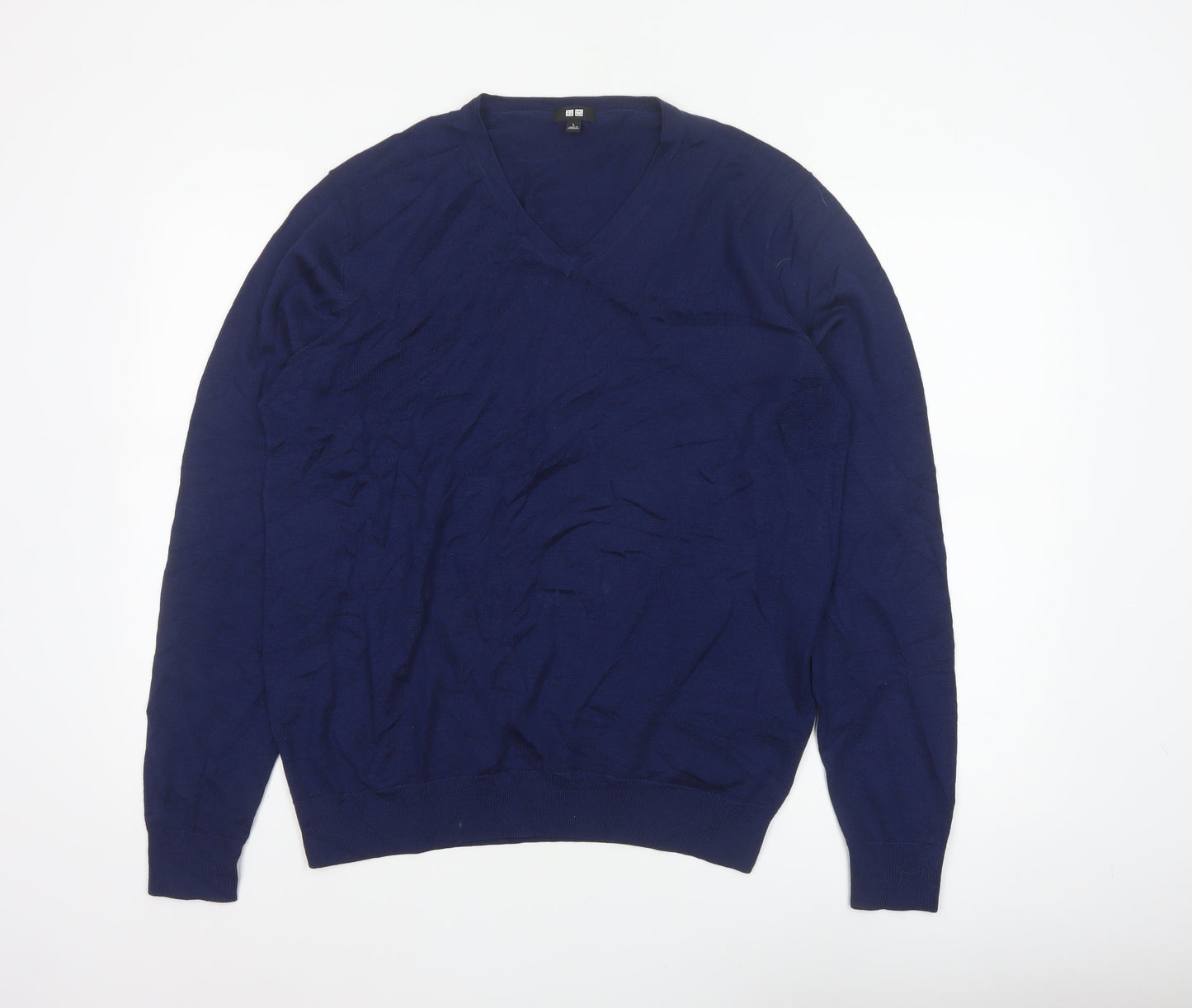 Uniqlo Men’s Blue Wool V-Neck Pullover Jumper Size L