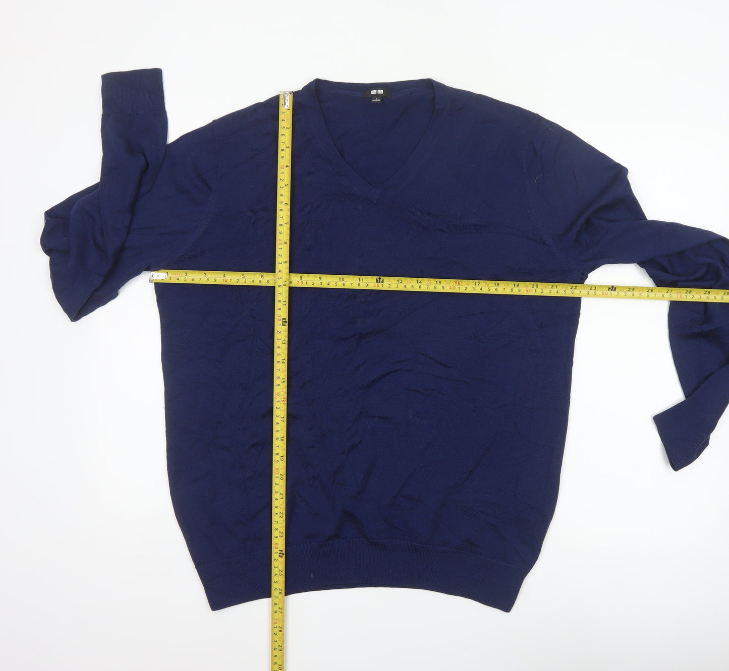 Uniqlo Men’s Blue Wool V-Neck Pullover Jumper Size L