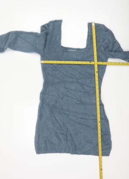 Zara Women Blue M Knit Bodycon Jumper Dress Square Neck Long Sleeve