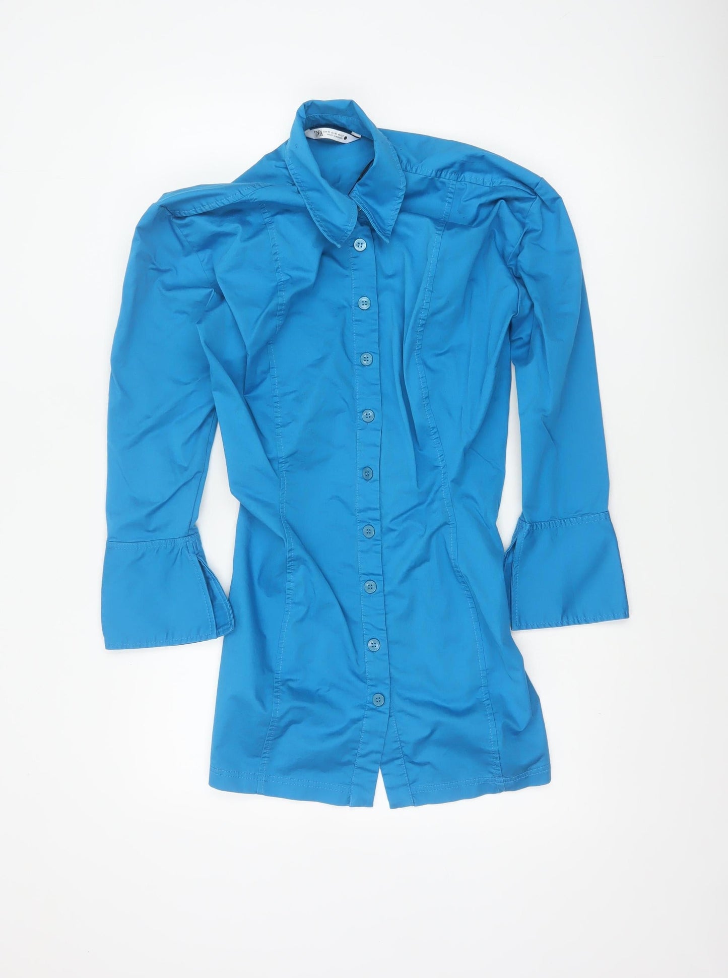 Zara Women Blue M Cotton Stretch Long Sleeve Shirt Dress