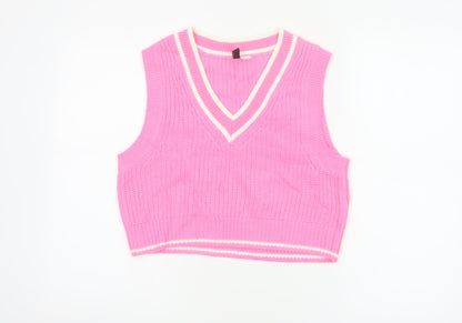 H&M Divided Women Pink Stripe V-Neck Knit Vest Jumper UK 10