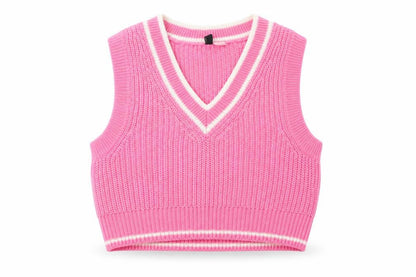 H&M Divided Women Pink Stripe V-Neck Knit Vest Jumper UK 10