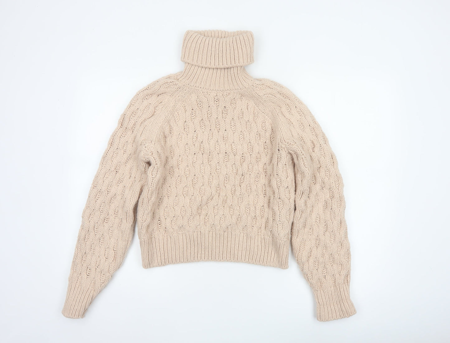 H&M Women Beige XS Cable-Knit Roll Neck Chunky Jumper