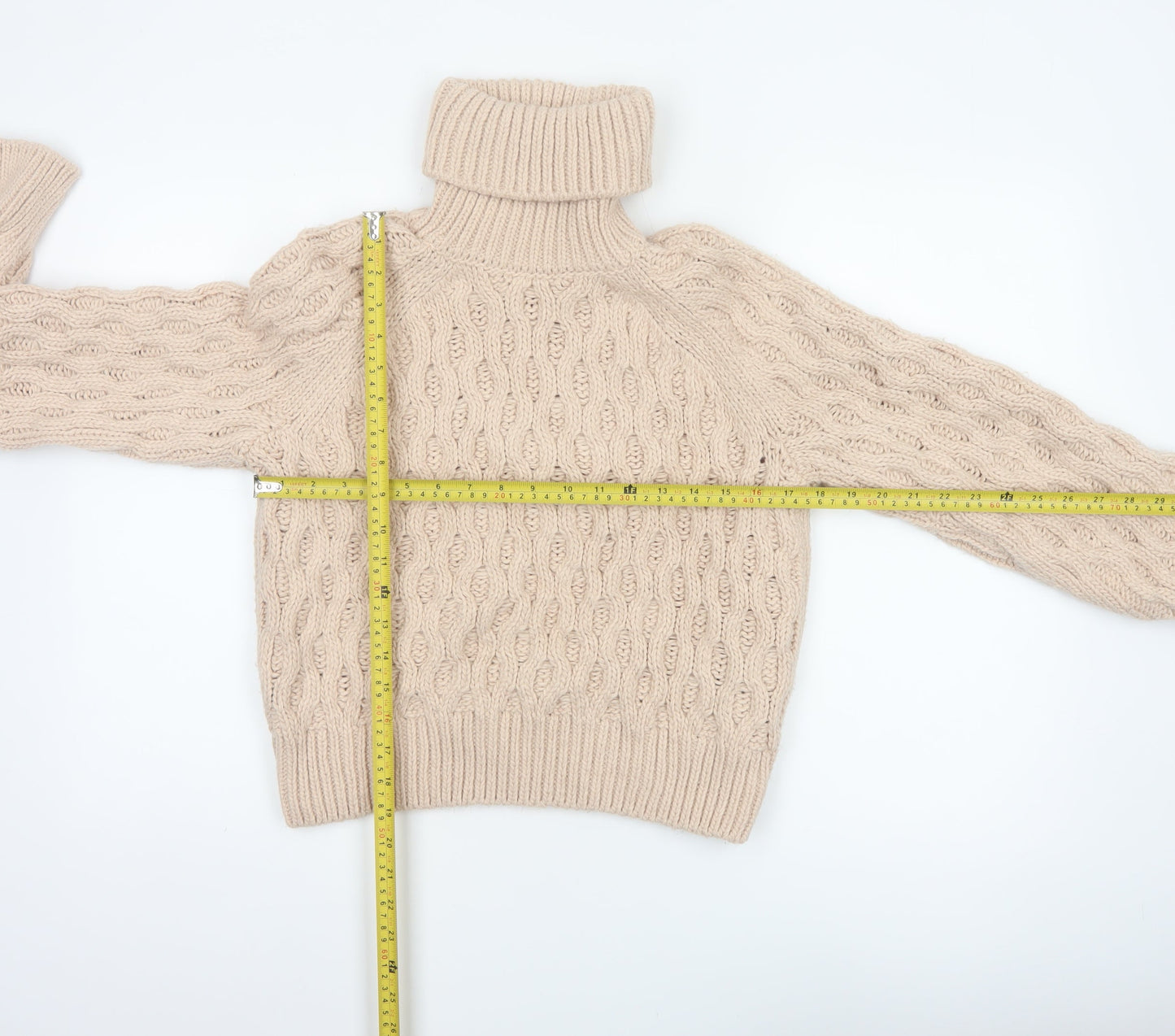 H&M Women Beige XS Cable-Knit Roll Neck Chunky Jumper