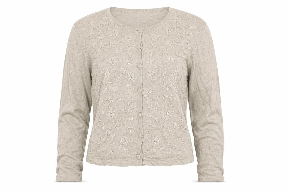 Patsy Seddon Women Beige M Linen Floral Embroidered Cardigan