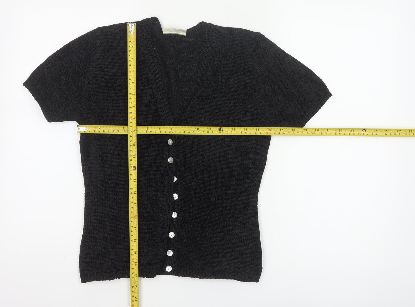 Bhs Women’s Black Size 10 Short Sleeve V-Neck Button Knit Cardigan