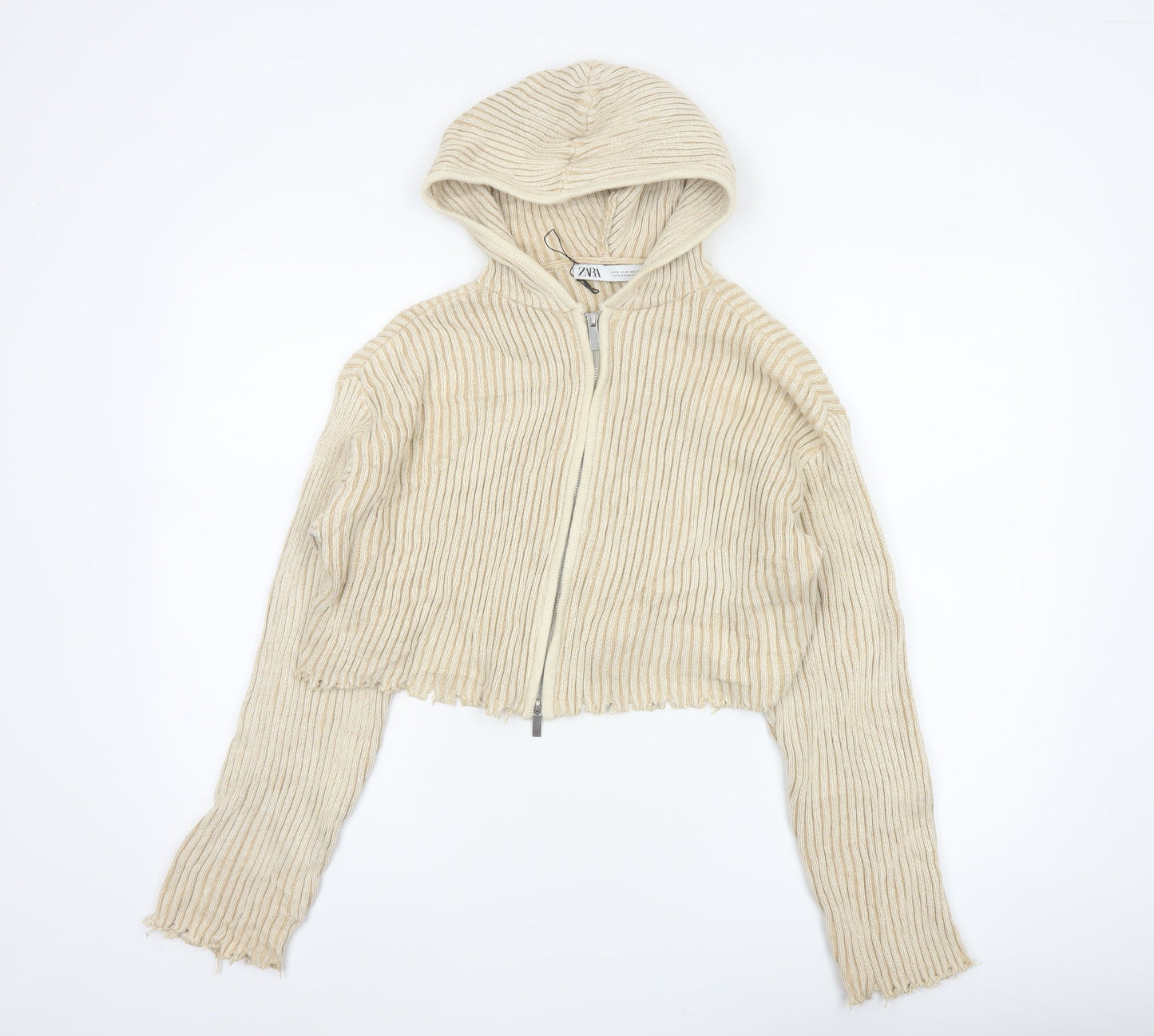 Zara Women Beige S Hooded Rib Knit Full Zip Cropped Cardigan