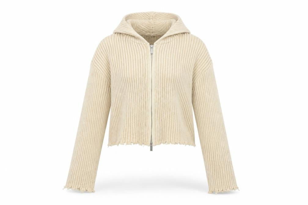 Zara Women Beige S Hooded Rib Knit Full Zip Cropped Cardigan