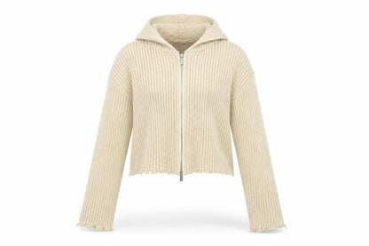 Zara Women Beige S Hooded Rib Knit Full Zip Cropped Cardigan