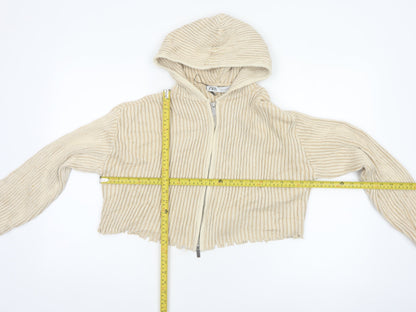 Zara Women Beige S Hooded Rib Knit Full Zip Cropped Cardigan