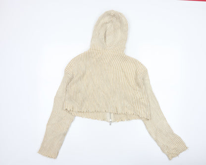 Zara Women Beige S Hooded Rib Knit Full Zip Cropped Cardigan