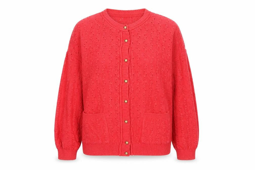 St Bernard Women’s Red Open-Knit Cardigan Size 14-16 Button Pockets