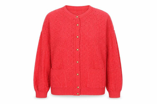 St Bernard Women’s Red Open-Knit Cardigan Size 14-16 Button Pockets