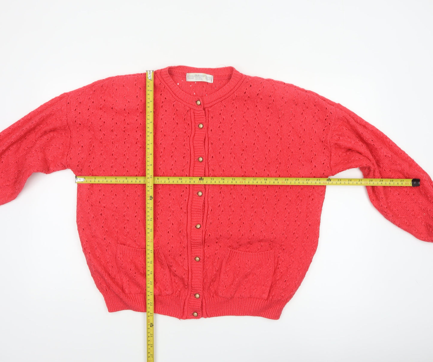 St Bernard Women’s Red Open-Knit Cardigan Size 14-16 Button Pockets