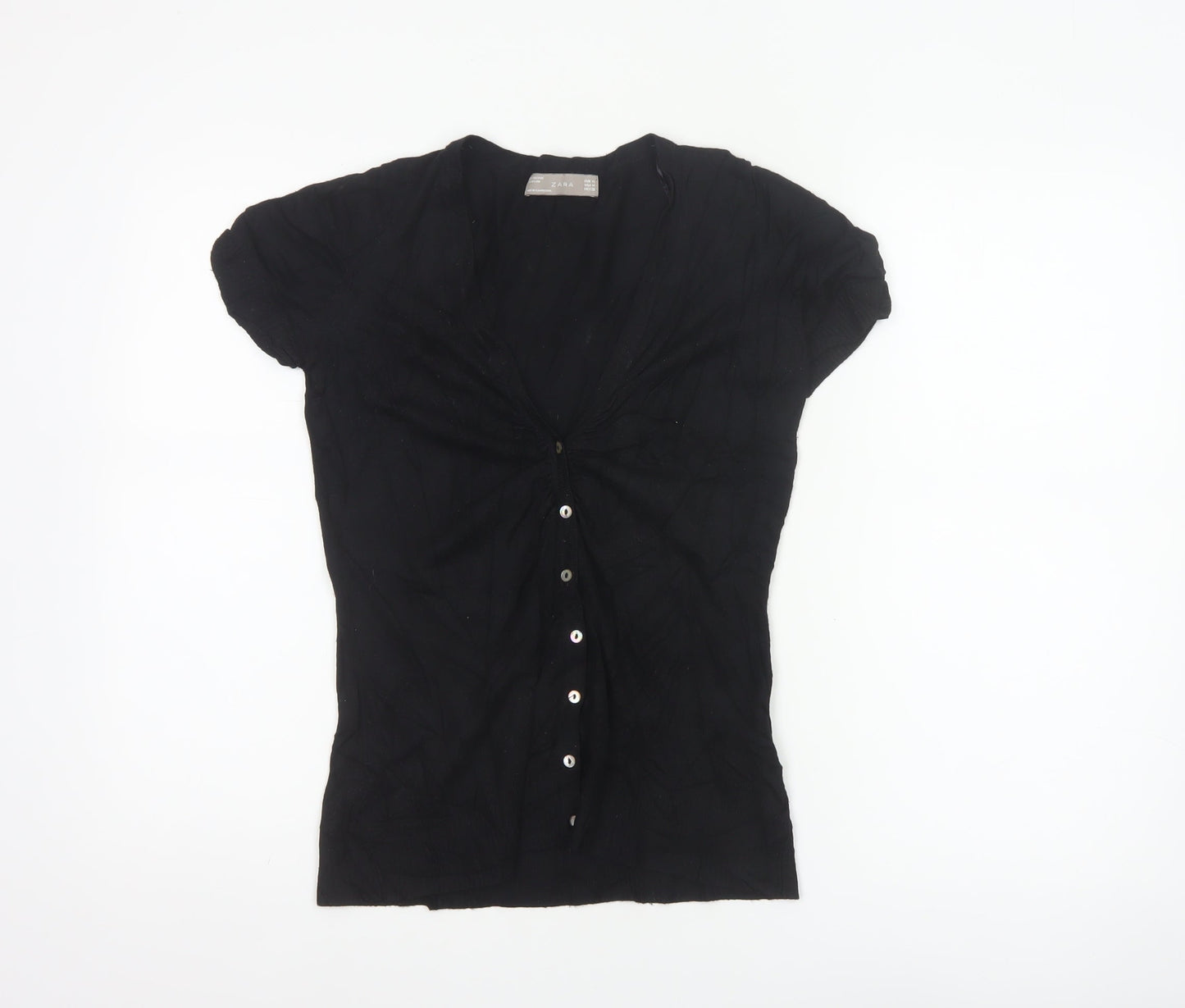 Zara Women Black UK 12 Short Sleeve V-Neck Button Cardigan