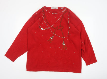 Karen Scott Unisex Adults Red L Beaded Ramie Cotton Pullover Jumper
