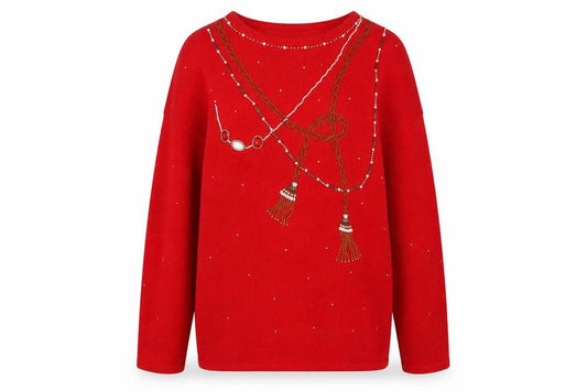 Front view of Karen Scott unisex adults red l beaded ramie cotton jumper