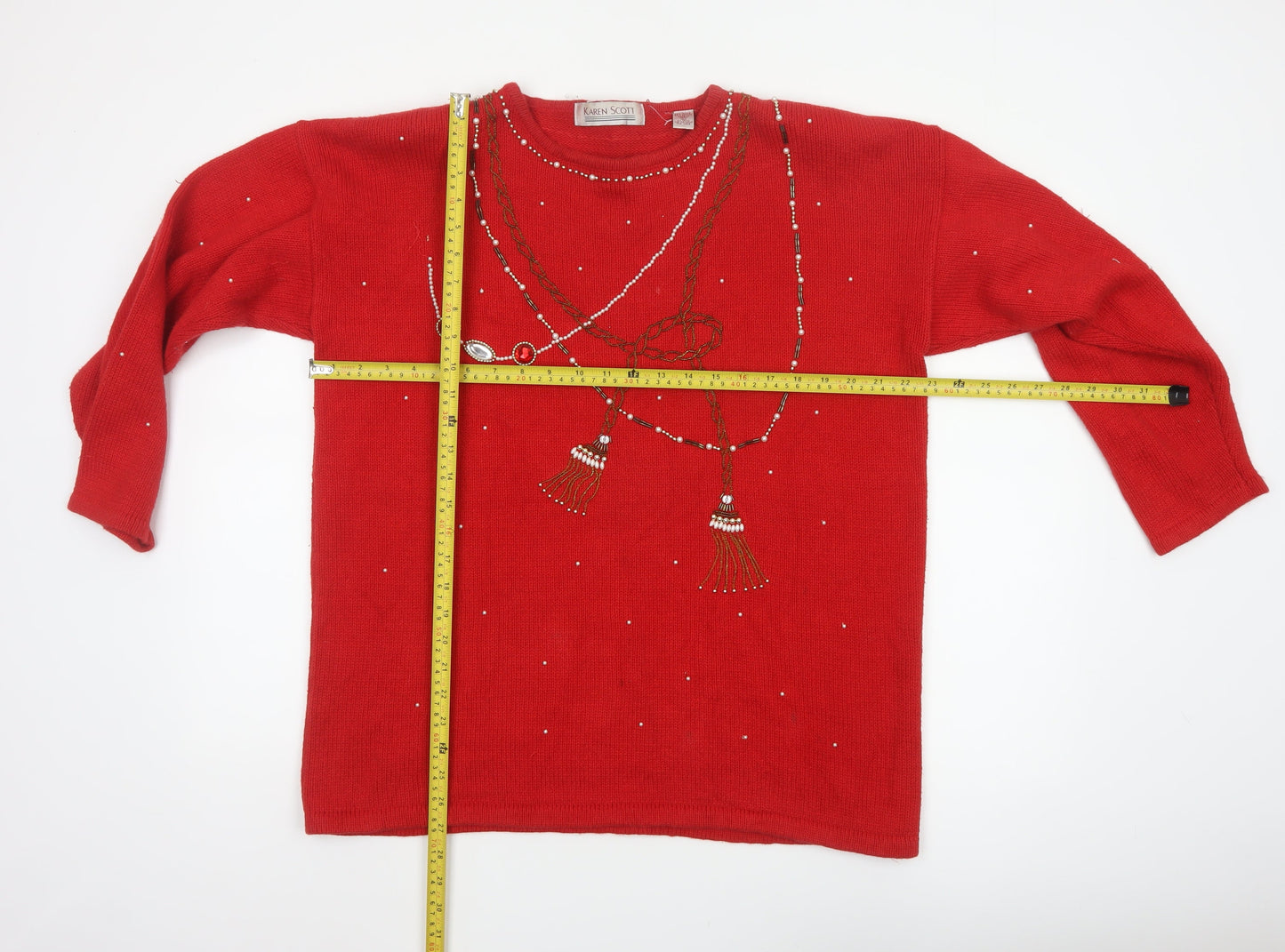Karen Scott Unisex Adults Red L Beaded Ramie Cotton Pullover Jumper