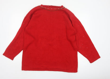 Karen Scott Unisex Adults Red L Beaded Ramie Cotton Pullover Jumper