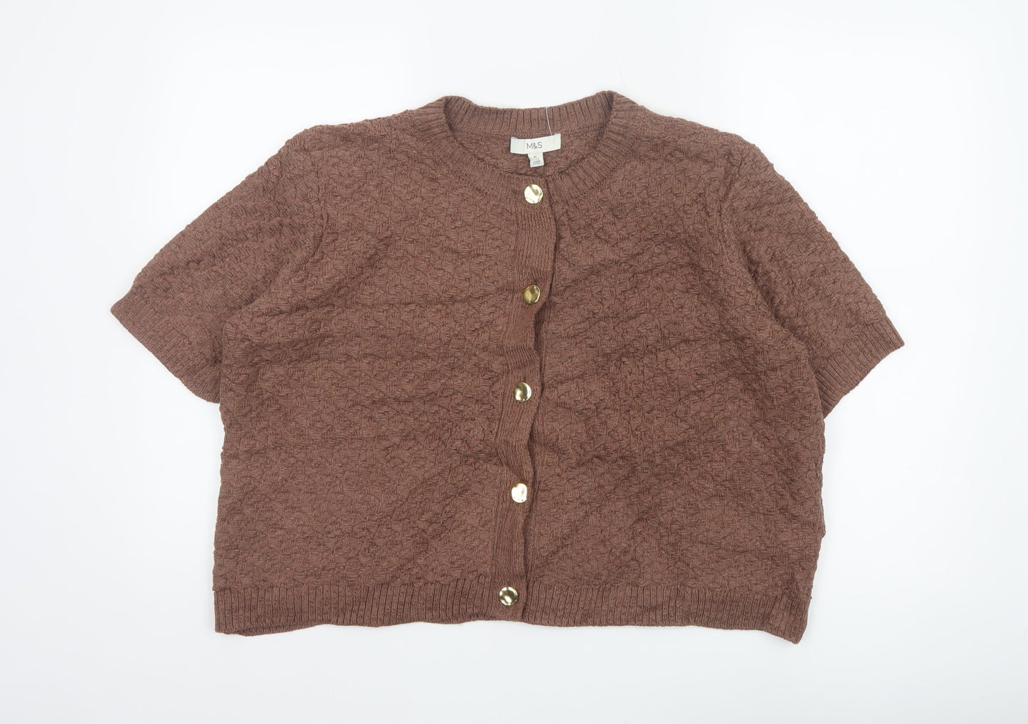 Marks and Spencer Women Brown XL Textured Knit Short Sleeve Cardigan