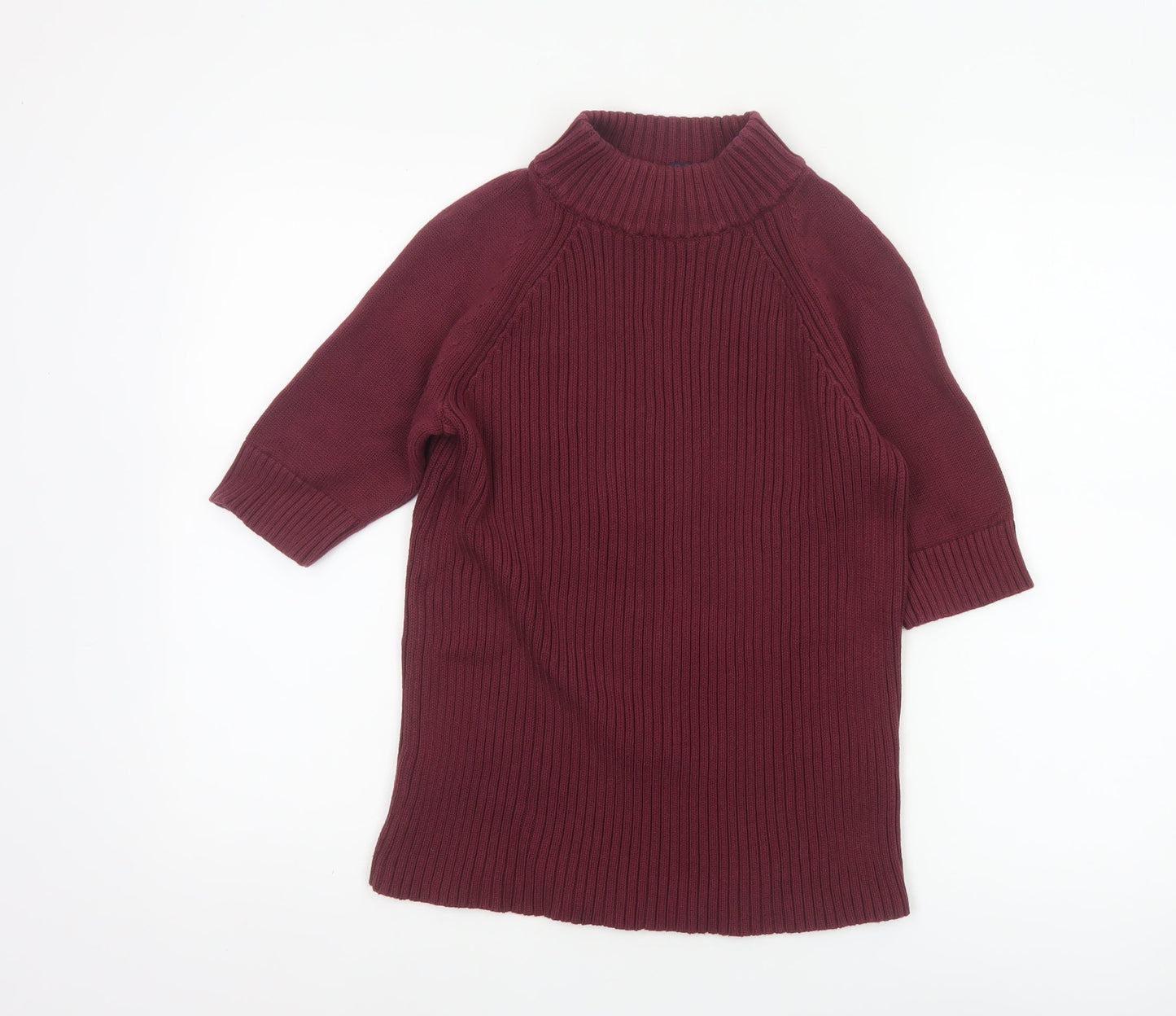 Lands' End Women Red M Petite Cotton Roll Neck Short Sleeve Jumper