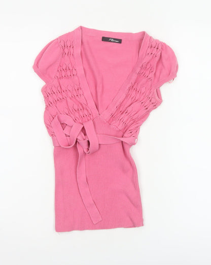 Jane Norman Women Pink Size 10 Cotton Knit Wrap Tie Puff Sleeve Blouse